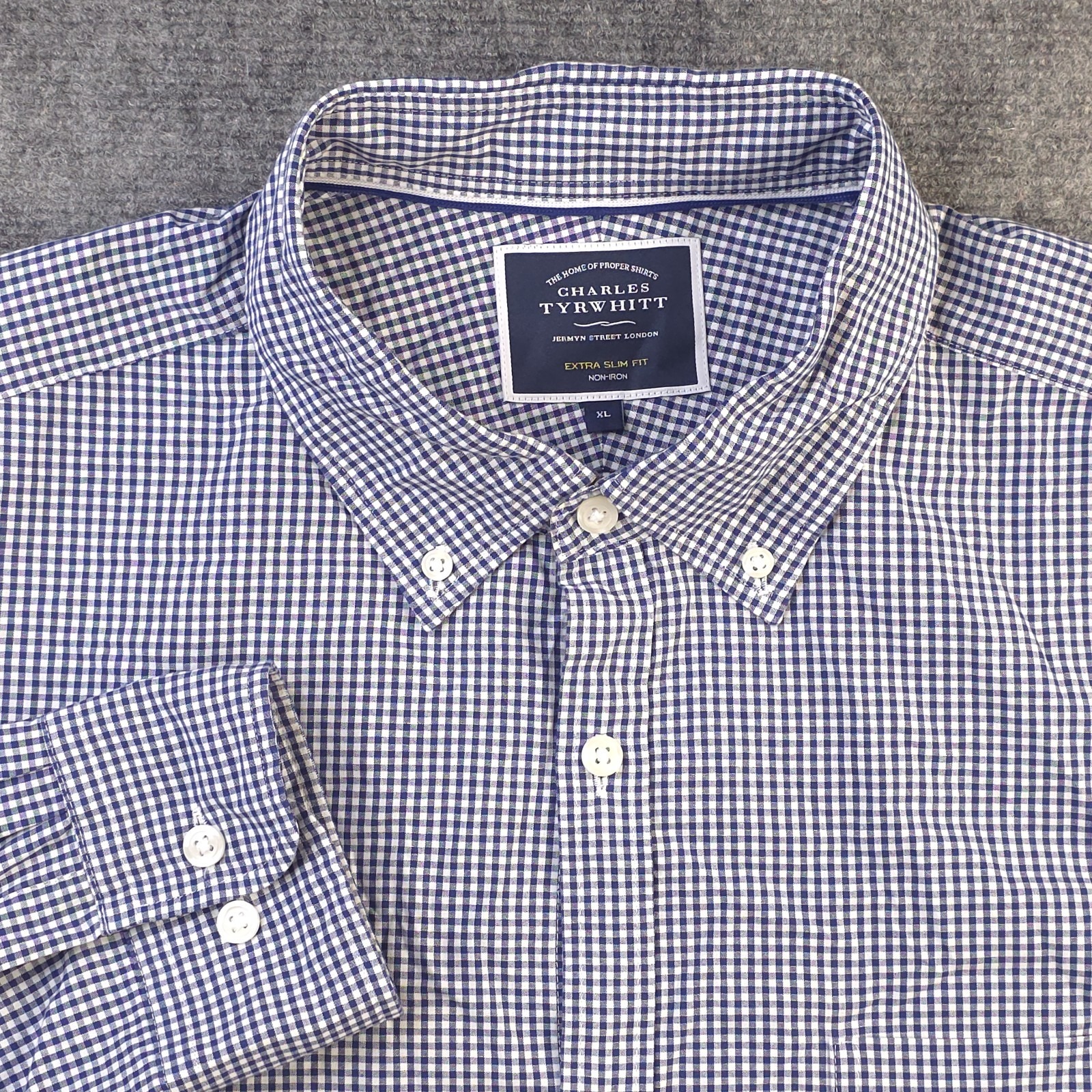 Charles Tyrwhitt Shirt Xl Extra Slim Fit Non Iron Blue Check Long Sleeve Button